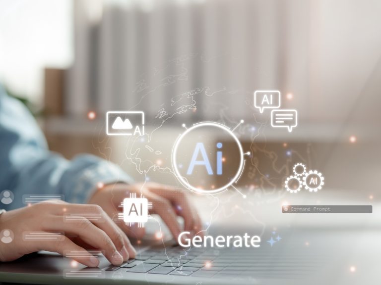 Diese Bild mit Laptop, einer Hand und einer AI Generate Grafik wird genutzt für den IHK-Zertifikatslehrgang Generative AI Experte.