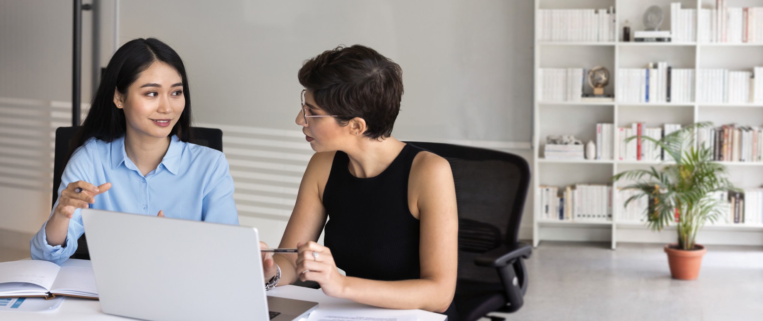 Zwei Frauen am Laptop. Genutzt für das IHK-Zertifikat Fachmann/-frau für betriebliches Gesundheitsmanagement